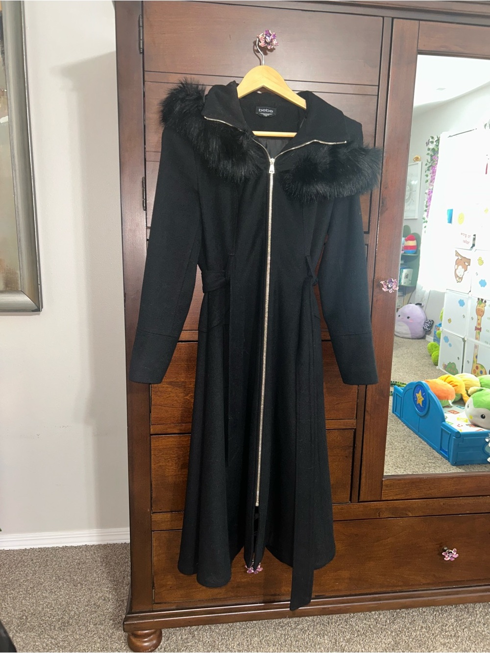 NWOT! Bebe Long Wool Trench Coat with Faux-Fur Collar size S